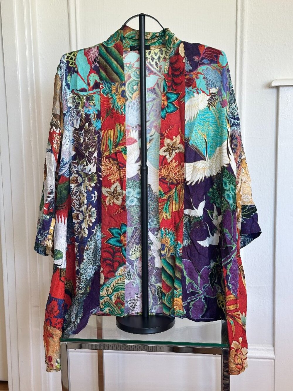 Dressori 100% Silk Kimono Jacket 3X | Crane Floral Art Print Open Front